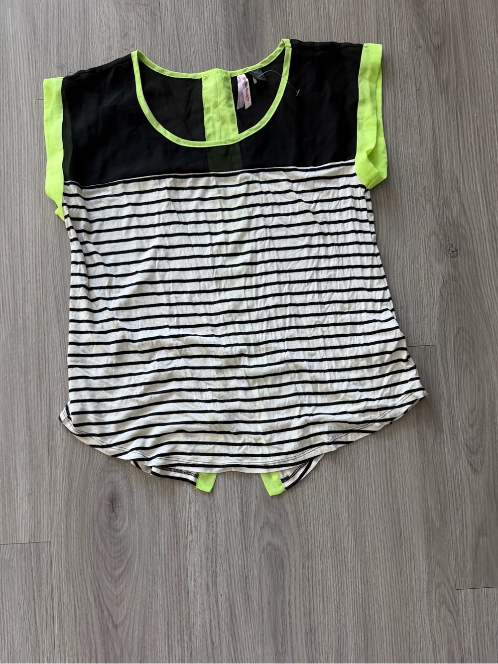 Striped Black & White Top with Neon Green Trim
